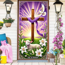 He Is Risen Easter Door Banner 71X35 Inch, Christian Easter Decorations Religiou