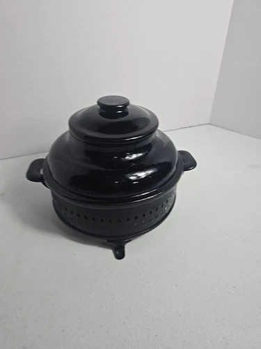 Vtg Round Stoneware Crock/Bean Pot w/ Lid and Metal Stand 