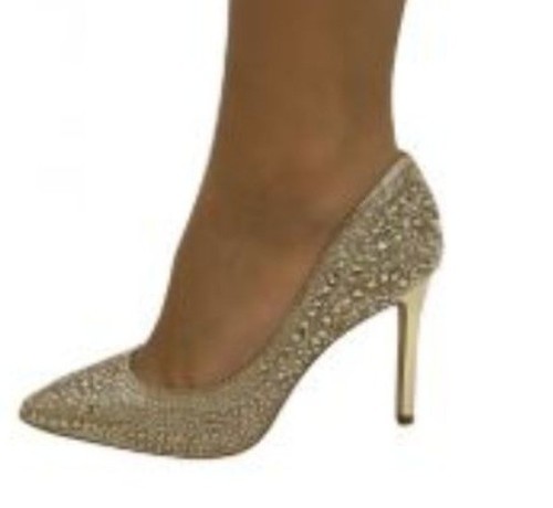 Gianni Bini Size 7.0 Classic Stylist Gold Rhinestone Studded Stiletto Heels - Picture 2 of 12