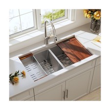 32 Inch Undermount Workstation Double Bowl Kitchen Sink 16 Gauge Stainless St...