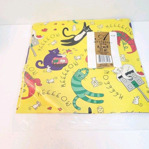 Vtg Artfaire Gift Wrap Party Paper Colorful Cats Kittens Mouse Meow Yellow Fun - Picture 1 of 3