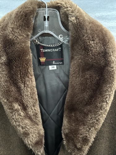 Vintage 60s PENNEYS TOWNCRAFT Size 38 Wool Coat Faux Fur Shawl Collar Peacoat - Picture 2 of 10