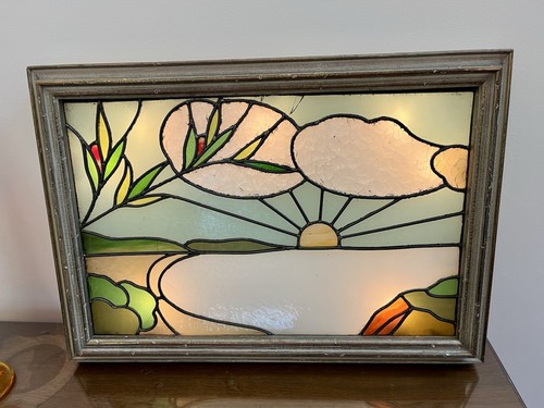 Vintage Stained Glass Light Box Folk Art Sunrise Lake Clouds Mid-Century Wall - Picture 22 of 23