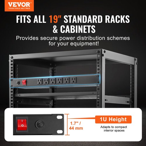 VEVOR 19" 1U PDU 12 Outlets Rack Mount Power Strip Surge Overload Protection - Picture 2 of 12