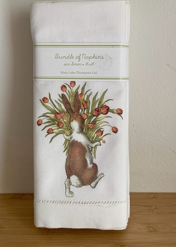 Mary Lake-Thompson Linen Napkins Bunnies With Tulips 18 x 18” Set of 6 - Picture 2 of 11