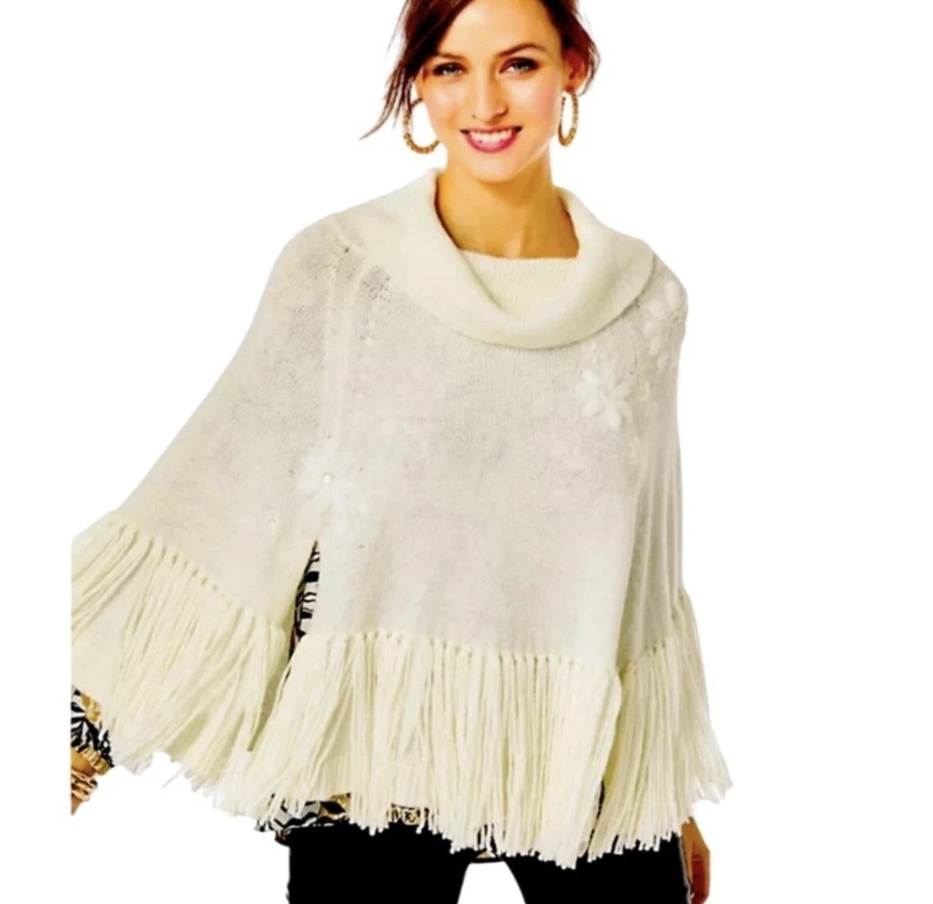 Lilly Pulitzer Kip Fringe Poncho Sweater in Coconut Size L/XL Cowl Neck