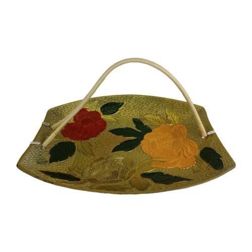Vintage Lacquerware Giftwood Hand Painted Floral Basket Tray Celluloid Handle - Picture 2 of 13