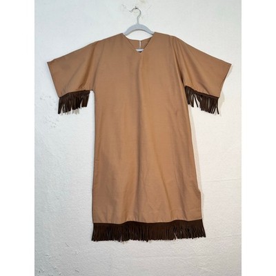 Camp Fire Girls Scouts VTG Tan V-Neck Kaftan Dress Dark Brown Sueded Fringe Trim