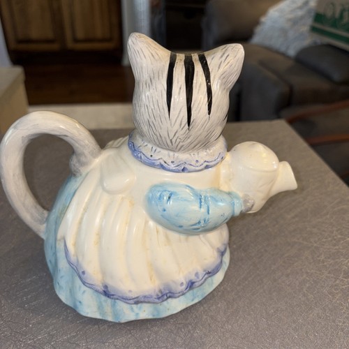 Vintage Takahashi statuina gatto teiera abito blu grembiule bianco ceramica gattino 6,5”G70 - Foto 4 di 8