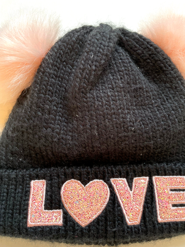 Children's Place Girls LOVE Glitter Pom Pom knit Hat Black L/XL ( 8+) - Picture 2 of 3