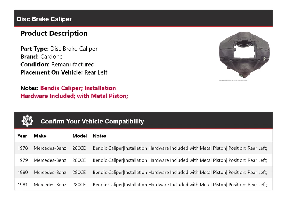 Pinza de freno de disco trasera izquierda cardone 1979 1980 para Mercedes-Benz 280CE 1978-1981 Foto 2 de 4
