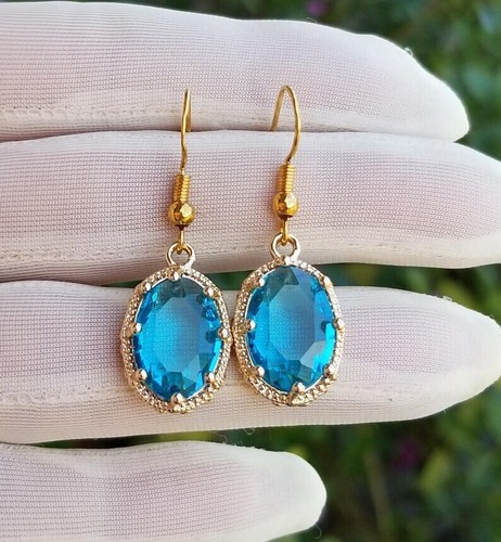 14k Gold BlueTopaz Earrings, Oval Australian Crystal Blue Topaz Dangle Earrings - Picture 3 of 5