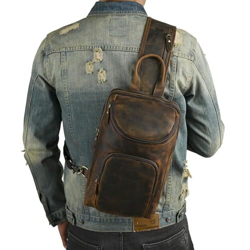 Dicke Crazy Horse Leder Dreieck Crossbody Sling Brusttasche 1-8033 Braun2 - Bild 3 von 7
