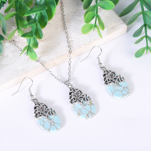 2PCS Vintage Women Turquoise Earrings + Necklace Set Water Drop Dangle Boho Gift - Picture 3 of 10