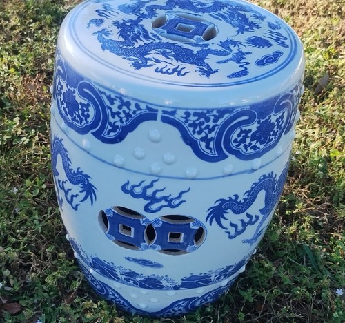 PAIR of Blue And White Chinese Republic Dragon Garden Drum Stool Floral Seat - Picture 11 of 16