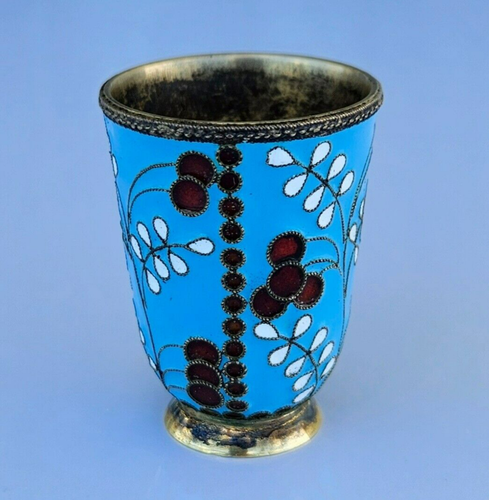 Taza de vodka vintage rusa de plata esterlina 916 y esmalte cloissone de la URSS - Imagen 11 de 15