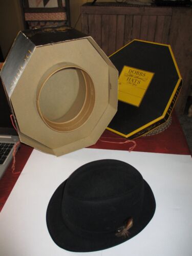Vintage Dobbs New York Game Bird Pheasant Black Velvet Hat in Original Box 7 1/2