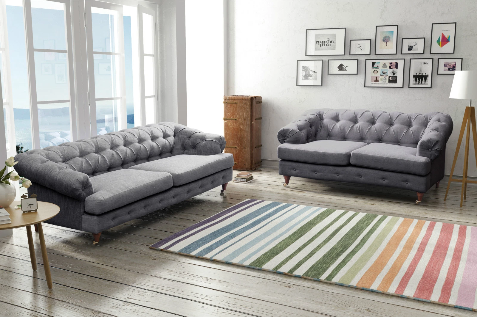NEW DESIGNER MAYFAIR GREY FABRIC CHESTERFIELD SOFA 3+2 SEATER