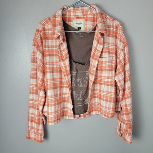 2pcs AMERICAN EAGLE Cropped Flannel Shirt & Top Women's L Plaid Distressed Elbow - Bild 2 von 13