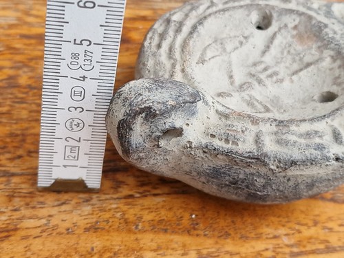 Antigua lámpara de aceite Imperio Romano Cartago arcilla terracota lámpara de estilo antiguo - Imagen 6 de 7