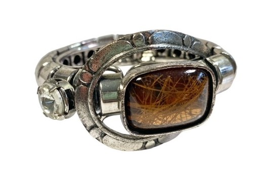 Faux Rutilated Quartz Stone Bangle Bracelet with Rhinestones Spring Close - Picture 3 of 11