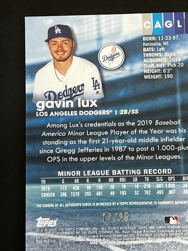 Gavin Lux 2020 Stadium Club Chrome Orange Refractor RC Auto #ed 13/25 - Picture 9 of 12