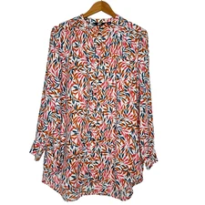 Lands End Tunic Shirt Womens Size XL Floral Linen Button up Long Sleeve Pockets