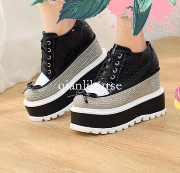 Wouomo PunK Bowties scarpe da ginnastica High Wedge Heel Leather Lace Up scarpe Outwear Dimensione Wouomo PunK Bowties scarpe da ginnastica High Wedge Heel Leather Lace Up scarpe Outwear Dimensione