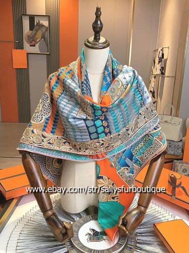 Sallys Boutique 70% Cashmere 30% Silk Wrap Scarf Samurai Print Square Shawl 53" - Picture 27 of 32