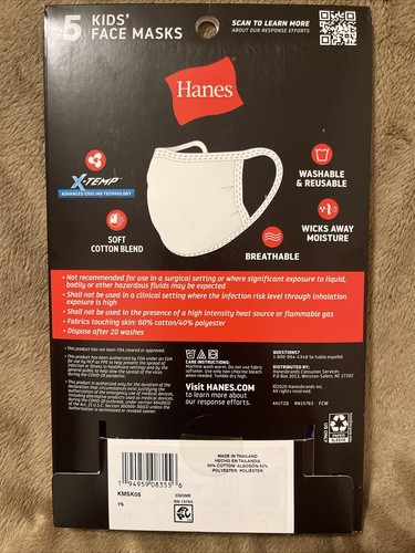 New 5 Hanes Face Masks 100% Cotton Reusable Washable Kids Ages 5-12 Blue - Picture 3 of 4
