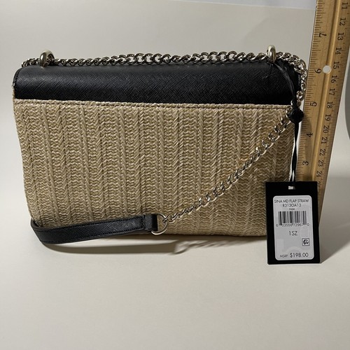 Neu DKNY Sina MD Flap Leder/Stroh Damen Umhängetasche schwarz/beige Logo - Bild 10 von 12