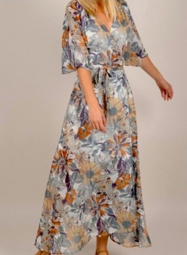 NWOT Molly Bracken Floral Wrap Maxi Dress Cotton Lined Sz M - Picture 2 of 7