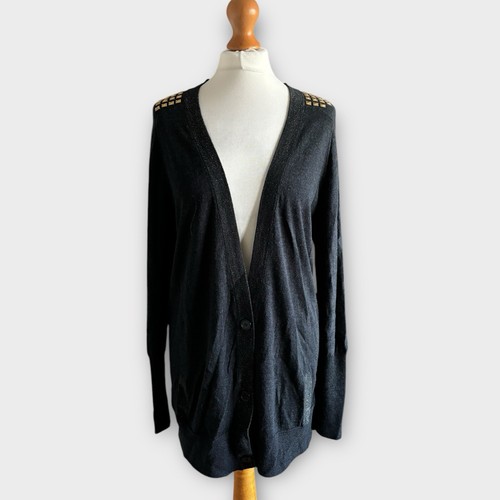 Jaeger Boutique Wool Cardigan XL Fit 14 Navy Blue Gold Stud V Neck Long Sleeve - Picture 2 of 12