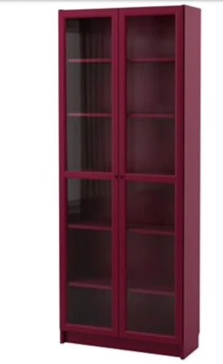 Near New Ikea Billy Dark Red Bookshelf With Double Glass Doors