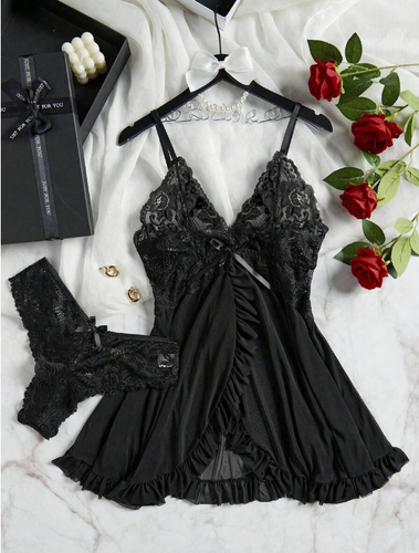 Sexy Lingerie Womens V-neck Dress Lace Babydoll Chemise Sleepwear G-string Set - Picture 8 of 39