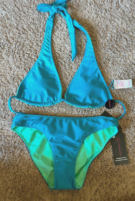 Womens Bikini Swim Suit Reversible 2 Colors Teal Green String Bikini Size L 11