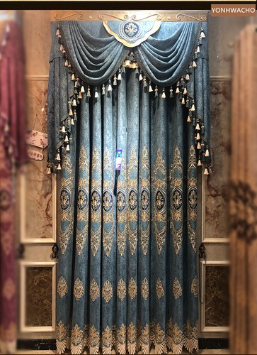 luxury chenille embroidery villa blue cloth blackout curtain valance drape C813 - Picture 6 of 12