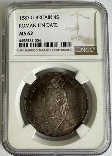 1887 Victoria Great Britain Silver Double Florin Four Shillings 4S NGC MS62