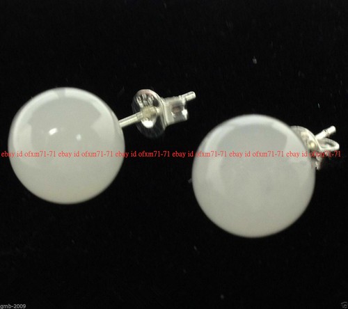 Natural 10mm White Jade Round Gemstone Beads 925 Silver Stud Earrings AAA - Picture 11 of 12