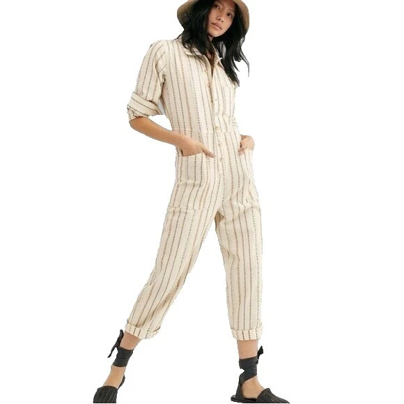 White Striped 100% Cotton Jumpsuits & Rompers for Women