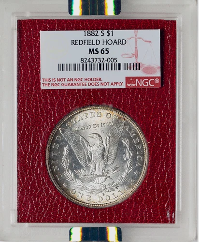 1882-S TONED MORGAN DOLLAR NGC MS65 REDFIELD HOARD PARAMOUNT HOLDER LUSTROUS GEM