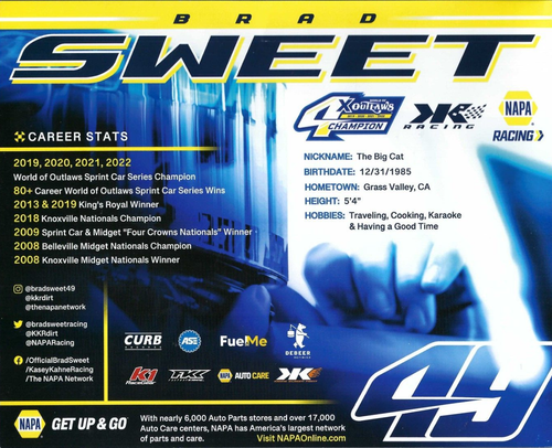 2023 BRAD SWEET ""NAPA AUTO REPUESTOS"" #49 WORLD OF OUTLAW POSTAL COCHE SPRINT - Imagen 2 de 2
