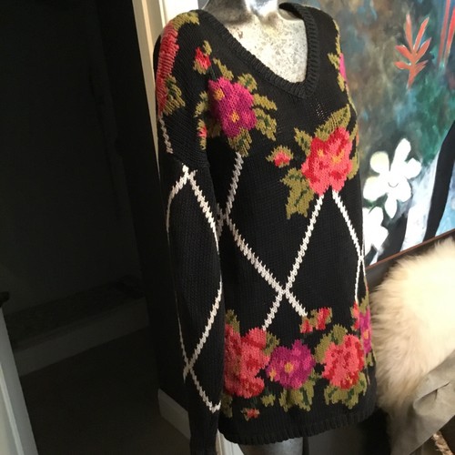 Vintage Y2K Black Floral Rose Pullover Sweater Grandma Retro Cottagecore S - Picture 3 of 9