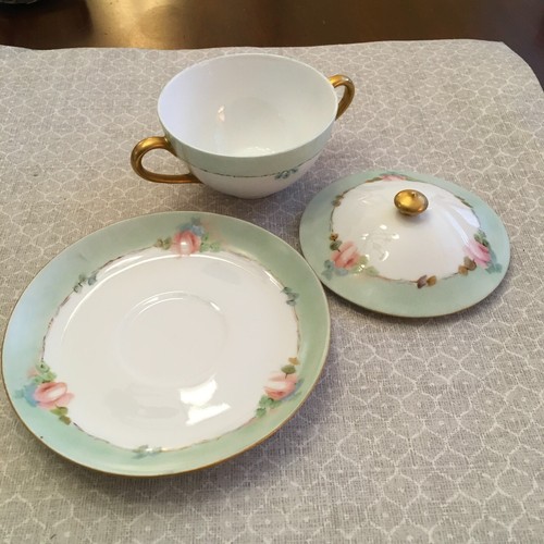 W.G. & Co Limoges ROSES Saucer & Lid w/Royal Bavarian Soup Bowl  -Pink & Mint - Picture 9 of 13