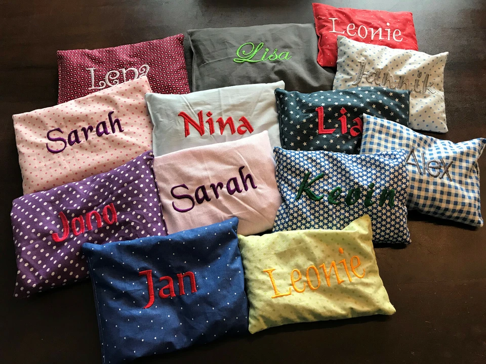 MARKENLOS Körnerkissen Wärmekissen Raps Kirschkerne mit Namen Wunschnamen bestickt
