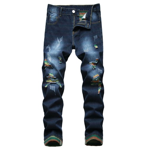 Pantalones de mezclilla ajustados para hombre arco iris de moda informales rasgados calce recto - Imagen 1 de 13