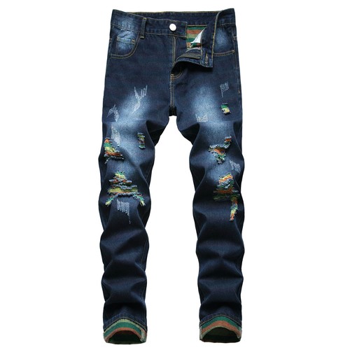 Mens Slim Rainbow Jeans Trousers Fashion Casual Ripped Straight Fit Denim Pants - Afbeelding 1 van 13