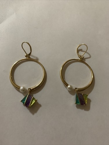 $85 Carolee Geometric Stone & Imitation Pearl Hoop Earrings 2” JZ9 - Picture 2 of 3