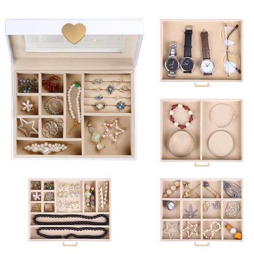 Kendal Joyero de Cuero de 5 Capas Reloj Organizador de Joyas Blanco con Tapa de Vidrio - Imagen 4 de 6
