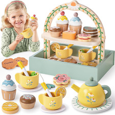 Wooden Tea Party Set for Little Girls Toys Toddler Tea Set with Storage Cupcake